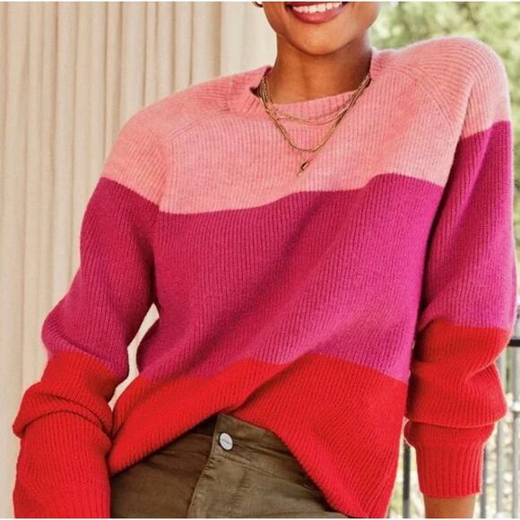 Evereve Frankie Pink Red Colorblock Small Stripe Knit Sweater Soft Warm Cozy - Picture 1 of 8